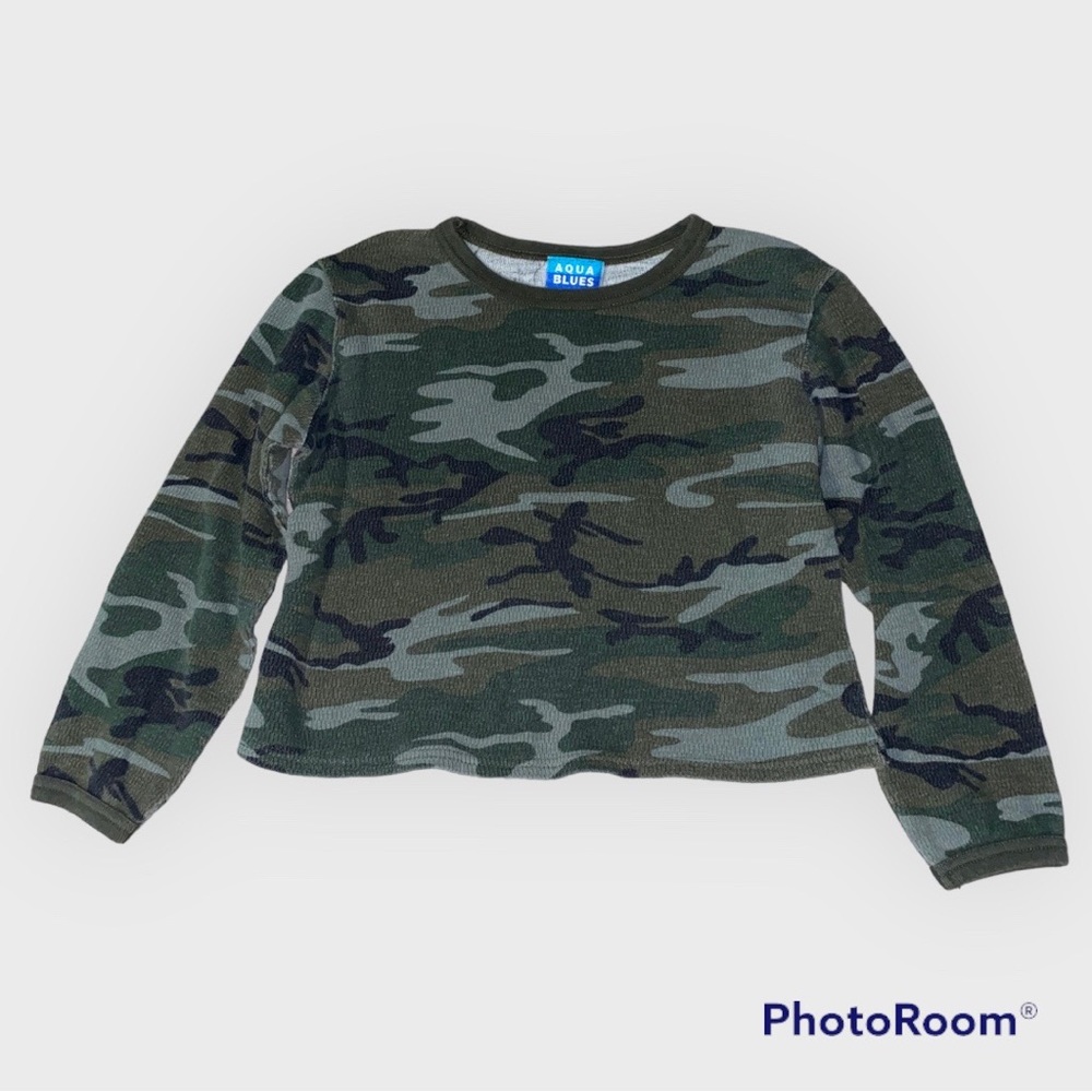 Vtg Aqua Blues Camo Long Sleeve Crop Top